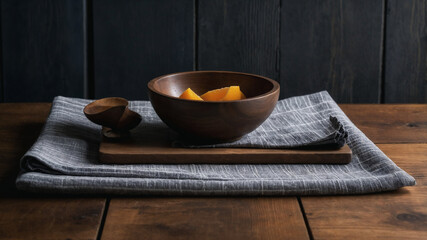 Wooden bowl with sliced persimmon fruit on wooden board and linen napkin on dark wooden table with dark wooden background