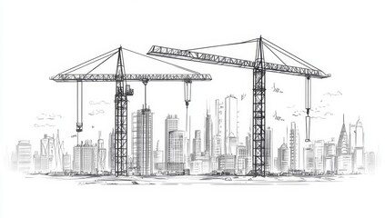 Urban construction site with cranes.  Sketch of skyscrapers rising