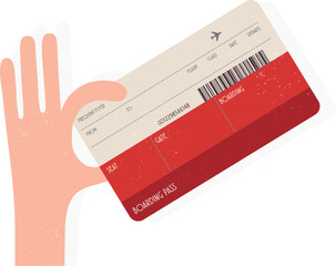 Flat vector illustration of a hand holding a boarding pass. The ticket features a red and beige color scheme with barcode details, making it ideal for travel-related designs