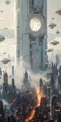 Futuristic Cityscape with Flying Vehicles and Tall Building Architecture