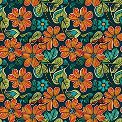 A colorful floral pattern on a dark blue background.