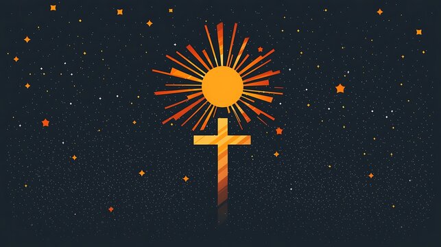 Celestial cross against a starlit night.  A radiant sunburst surrounds a cross, set against a backdrop of stars