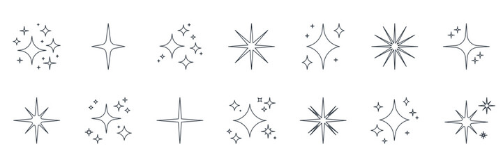 Star And Sparkle Decorative Line Icon Set. Ornamental Starburst And Twinkle Outline Symbol Collection. Editable Stroke. Isolated Vector Illustration