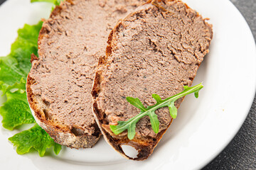 Pate meat porc tasty fresh gourmet food background on the table rustic food top view copy space