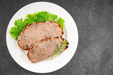 Pate meat porc tasty fresh gourmet food background on the table rustic food top view copy space