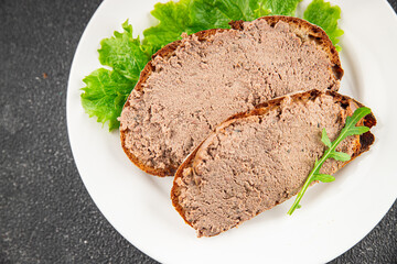 Pate meat porc tasty fresh gourmet food background on the table rustic food top view copy space