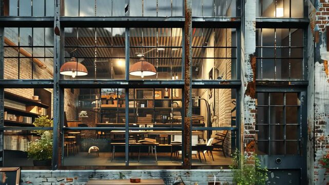Industrial storefronts converted into trendy lofts or creative workspaces, blending urban grit with modern living