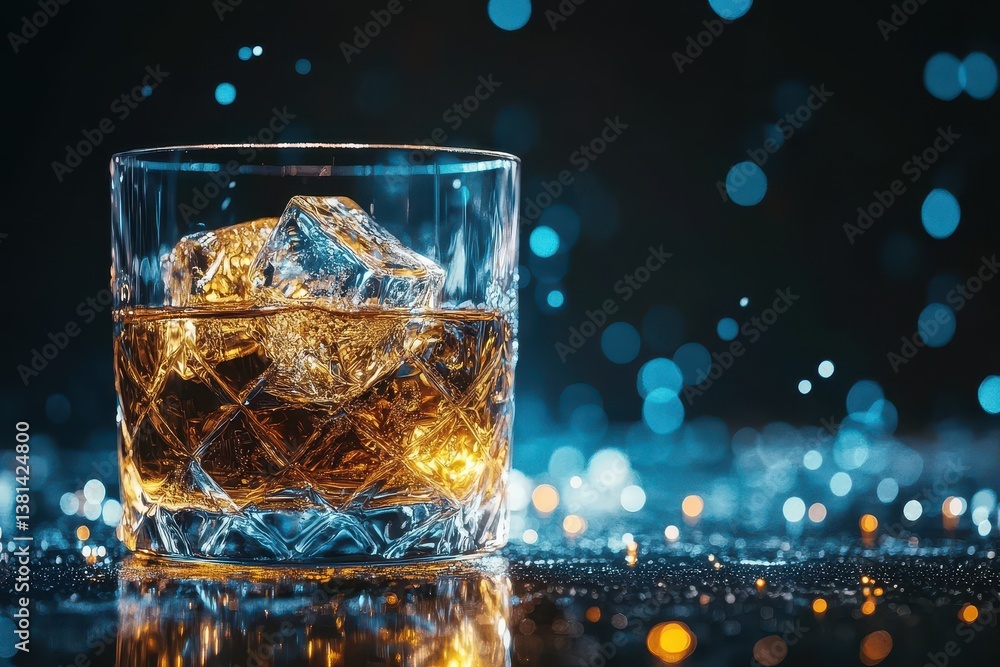 Poster glass of whiskey with ice cubes on black background close up lass of whiskey with ice cubes on plain