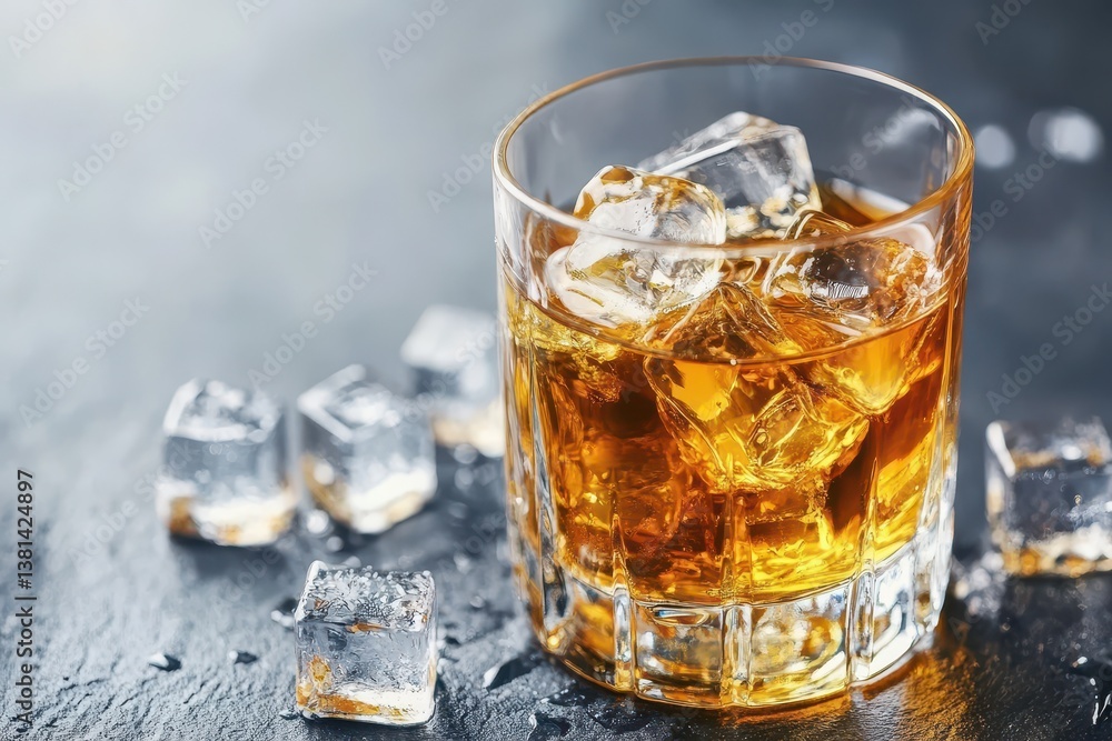 Poster glass of whiskey with ice cubes on black background close up lass of whiskey with ice cubes on plain