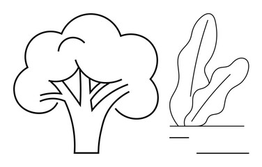 Blackline tree and leaf plant designs emphasizing nature, growth, and simplicity. Ideal for sustainability, eco-awareness, gardening, environment, minimalism education and wellness themes. Perfect