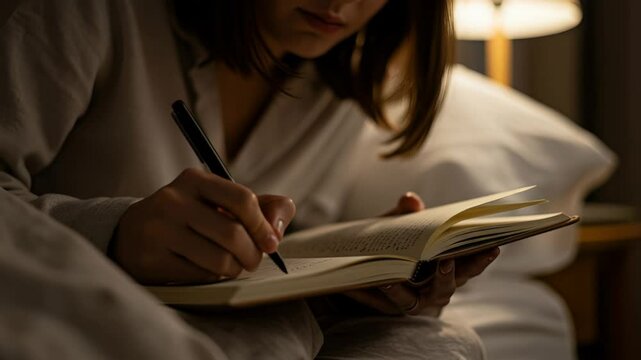 Woman journaling in bed by lamp light: evening reflection and relaxation
