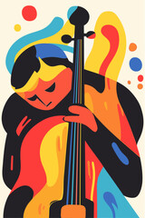 A vibrant abstract illustration of a double bass player immersed in music, depicted in a modern and dynamic geometric style.