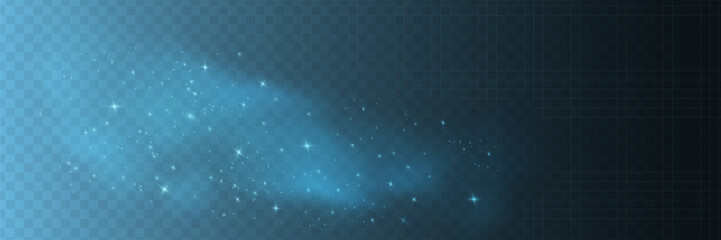Fantastic blue smoke background. Blue fog with stars and small glowing particles. Vector