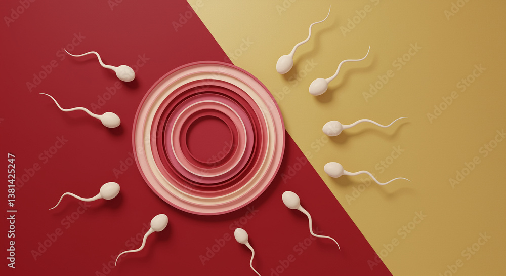 Poster sperm cells around layered plates on split background representing fertility and reproduction concep