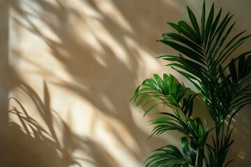 Obraz premium Shadows of Leaves Dance on a Golden Wall in a Sunlit Indoor Space During the Afternoon
