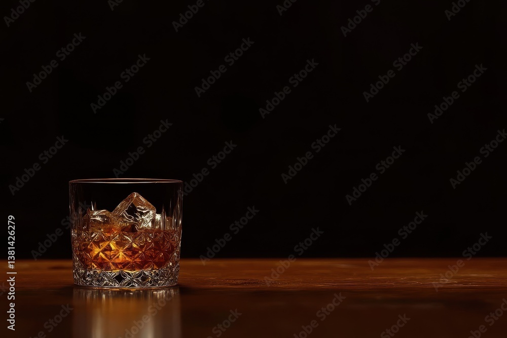 Poster glass of whiskey with ice cubes on wooden table black background lass of whiskey with ice cubes on p