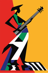 A vibrant and abstract digital illustration of a jazz guitarist, depicted in bold geometric shapes and a striking color palette.
