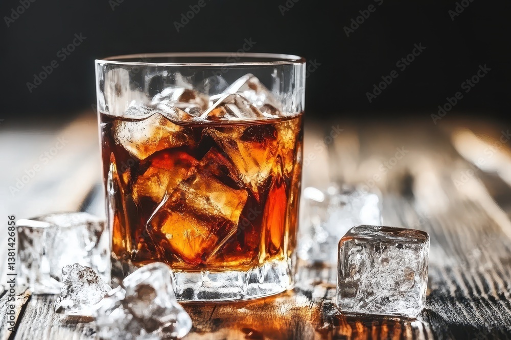 Poster glass of whiskey with ice cubes on wooden table black background lass of whiskey with ice cubes on p
