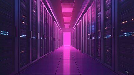 Fototapeta premium Illuminated server room with rows of data storage racks and a glowing pink light at the end