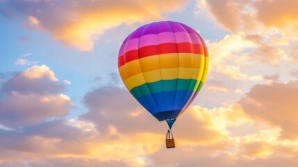 Obraz premium Colorful hot air balloon soaring through a pastel sunset sky. A vibrant rainbow-striped balloon floats amidst fluffy clouds, bathed in warm, golden light