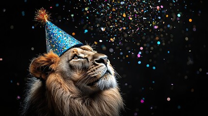 A lion wearing a blue party hat with colorful confetti, 