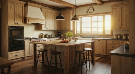 Rustic Kitchen Design with Island - Warm, inviting rustic kitchen featuring a large island, wood cabinets, and natural light streaming through a window
