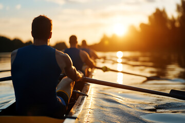 Rowing team at sunset, silhouetted against the golden light. Water reflects the sun as they row with powerful strokes, showcasing teamwork and determination.