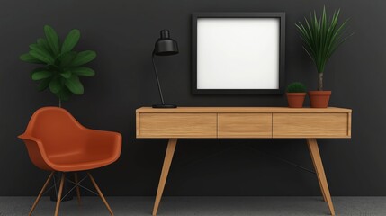 Modern design. A black lamp and flowers are placed on a wooden desk, a blank white picture in a black frame is hung on the wall, and an orange chair is next to the table.