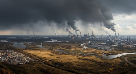 Industrial Pollution and Environmental Impact - Aerial view of industrial pollution, showcasing smoke plumes from factories and a landscape affected by waste disposal
