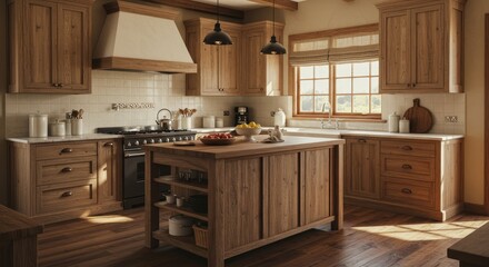 Rustic Farmhouse Kitchen Design - Warm and inviting rustic kitchen with wooden cabinetry, island, and natural light streaming through the window