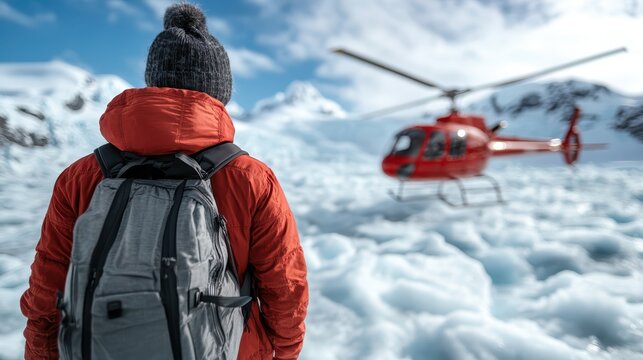 A traveler in a vibrant red jacket stands amidst a snow-laden landscape, gazing at a helicopter in the distance, perfectly capturing the spirit of adventure and discovery in nature.