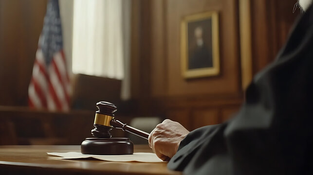 Gavel in a courtroom, symbolizing legal authority and judicial process.  An American flag provides backdrop to the scene of law and justice.