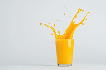 Mango juice splash in glass, dynamic liquid motion, refreshing tropical fruit flavor, bright yellow splash, healthy drink concept, minimal white background, copy space


