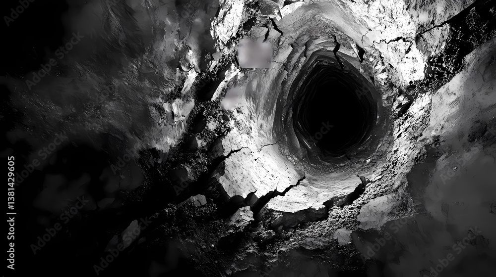 Wall mural abstract grayscale image depicting a fractured tunnel with light. fractured void. illustration
