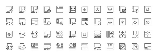 Interface, UI/UX basic outline icons collection. User interface, essential, interface components, web layout, web structure and more. Editable stroke. Pixel perfect.