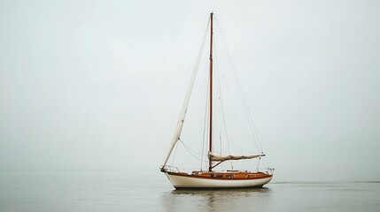 Fototapeta premium Solitary sailboat on a misty sea