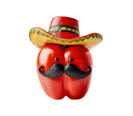 Happy red chilli peppers with black moustaches and sombrero isolated on transparent background. Playful decorations in for Cinco de Mayo celebration. May 5, federal holiday in Mexico