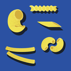Vector illustration of various pasta shapes. The design features macaroni, penne, fusilli, rigatoni, and shell pasta in a modern, minimalist style with textured details and shadows