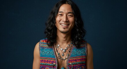 Fototapeta premium Happy Man with Long Hair and Colorful Vest - A joyful Asian man with long hair models a colorful vest and multiple necklaces. The symbolizes happiness, freedom, , individuality