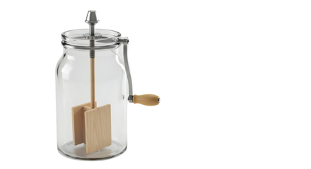 Making Homemade Butter Churn Glass Jar with Wooden Paddle on White