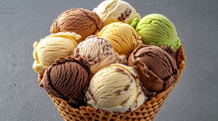 Delightful assortment of ice cream scoops in a waffle cone showcasing a variety of flavors and textures in a visually appealing arrangement