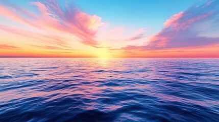 Obraz premium Colorful sunset over calm ocean waters with vibrant sky and gentle clouds near coastline
