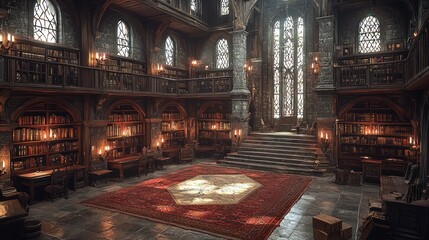 Obraz premium Grand Medieval Library: A Realm of Ancient Wisdom