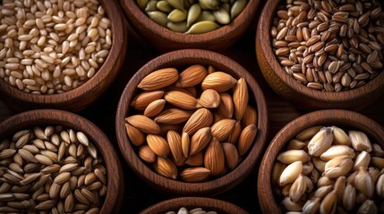 Obraz premium Variety of seeds including almonds, sesame, flax, and pumpkin, arranged in wooden bowls on a wooden surface