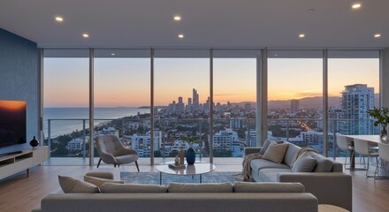 Fototapeta premium Luxury Apartment Sunset City View - Stunning sunset view from a modern apartment living room, featuring comfortable furniture and floor-to-ceiling windows