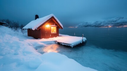 A serene cabin glowing warmly against a snowy lake backdrop captures the essence of winter tranquility, inviting thoughts of comfort and solitude amidst nature's beauty.