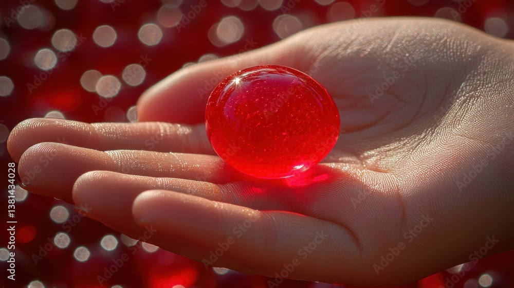 Poster a red orb in a hand against a red bokeh background