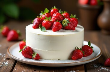 Strawberry sponge cake with strawberries on wooden background. Summer dessert. Copy space