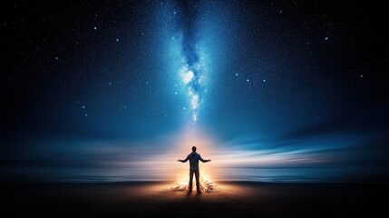 Fototapeta premium Embracing the Cosmos: Person Standing by a Fire Under Starry Sky Near Ocean at Night