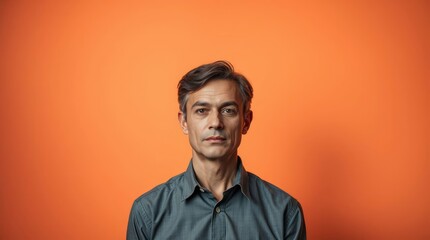 Obraz premium Man Portrait with Neutral Expression Against an Orange Studio Background